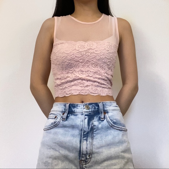 Mesh pink lace tank top - Picture 3 of 3